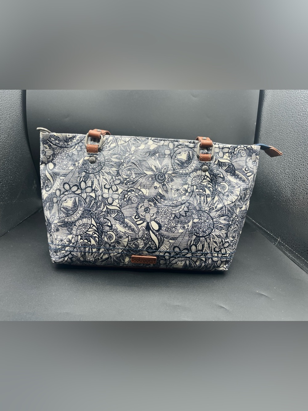 Sakroots Navy Floral Canvas Tote with Brown Handles